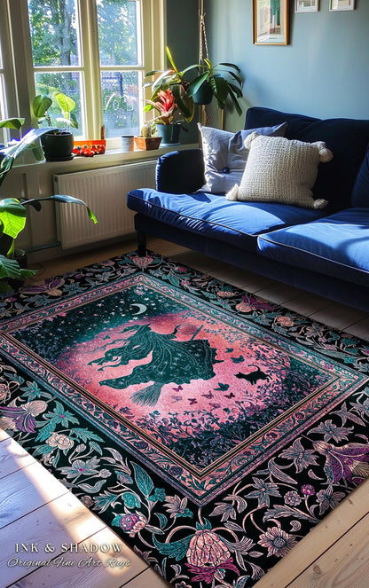 Moody Magenta Witch Silhouette Rug | Whimsigoth Aesthetic Flying Broomstick Black Cat Halloween Moon Magic Night Gothic Folklore Bedroom Art