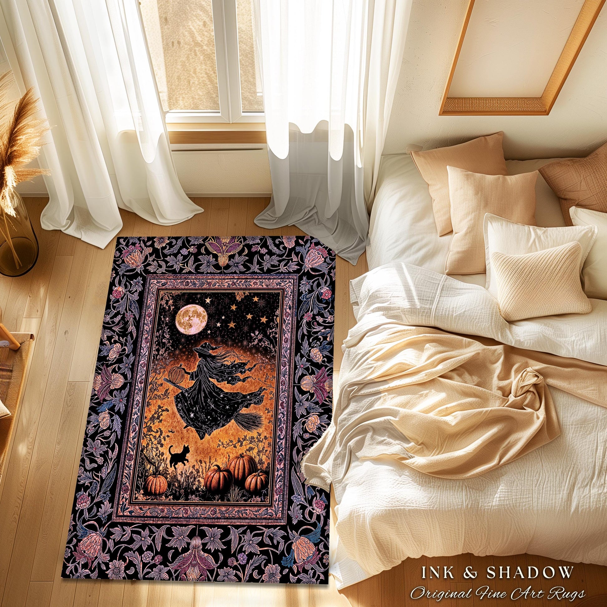 Harvest Moon Spooky Witch Accent Rug | Enchanted Black Cat Moody Bedroom Area Rug Gothic Decor Folklore Aesthetic Celestial Night Whimsical