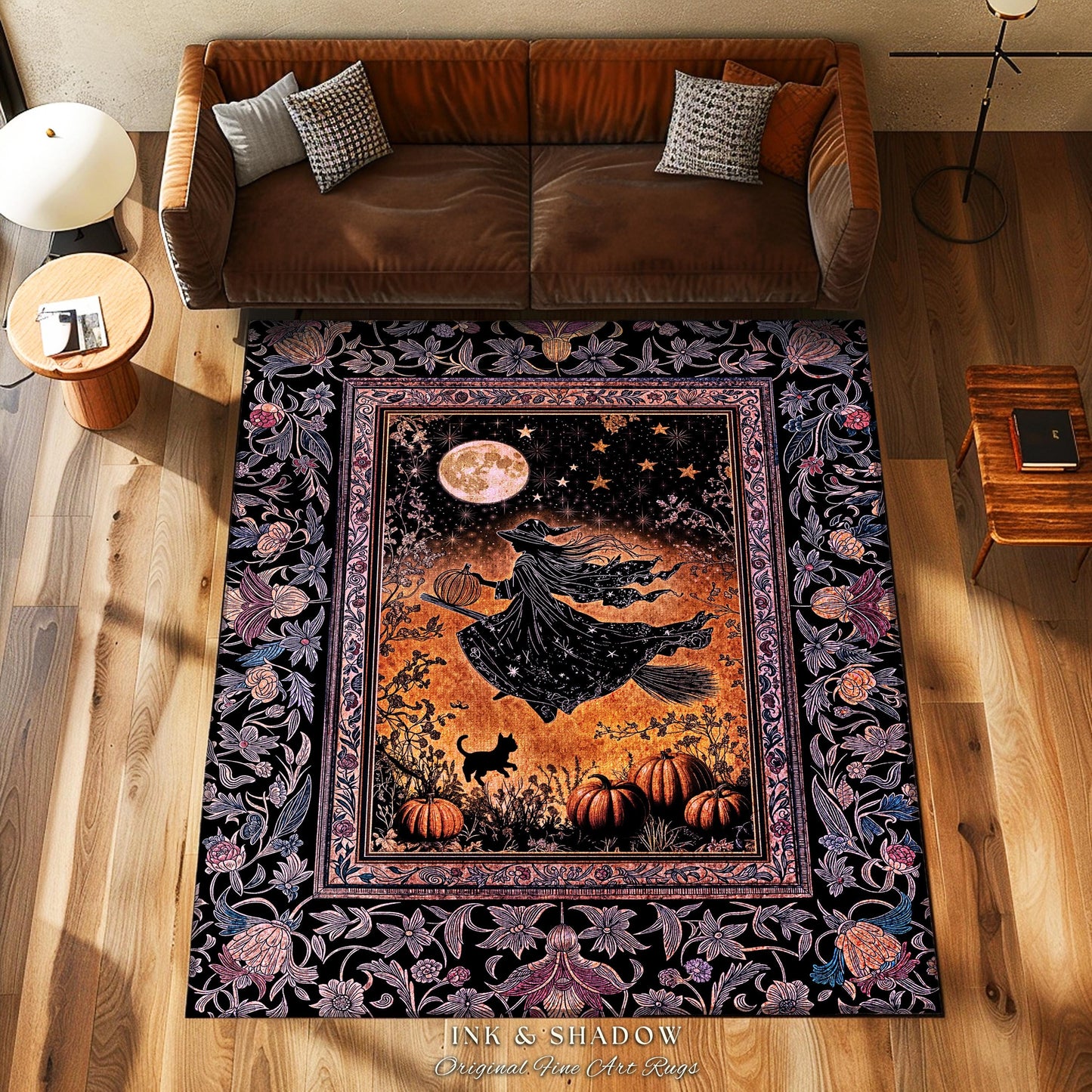 Harvest Moon Spooky Witch Accent Rug | Enchanted Black Cat Moody Bedroom Area Rug Gothic Decor Folklore Aesthetic Celestial Night Whimsical