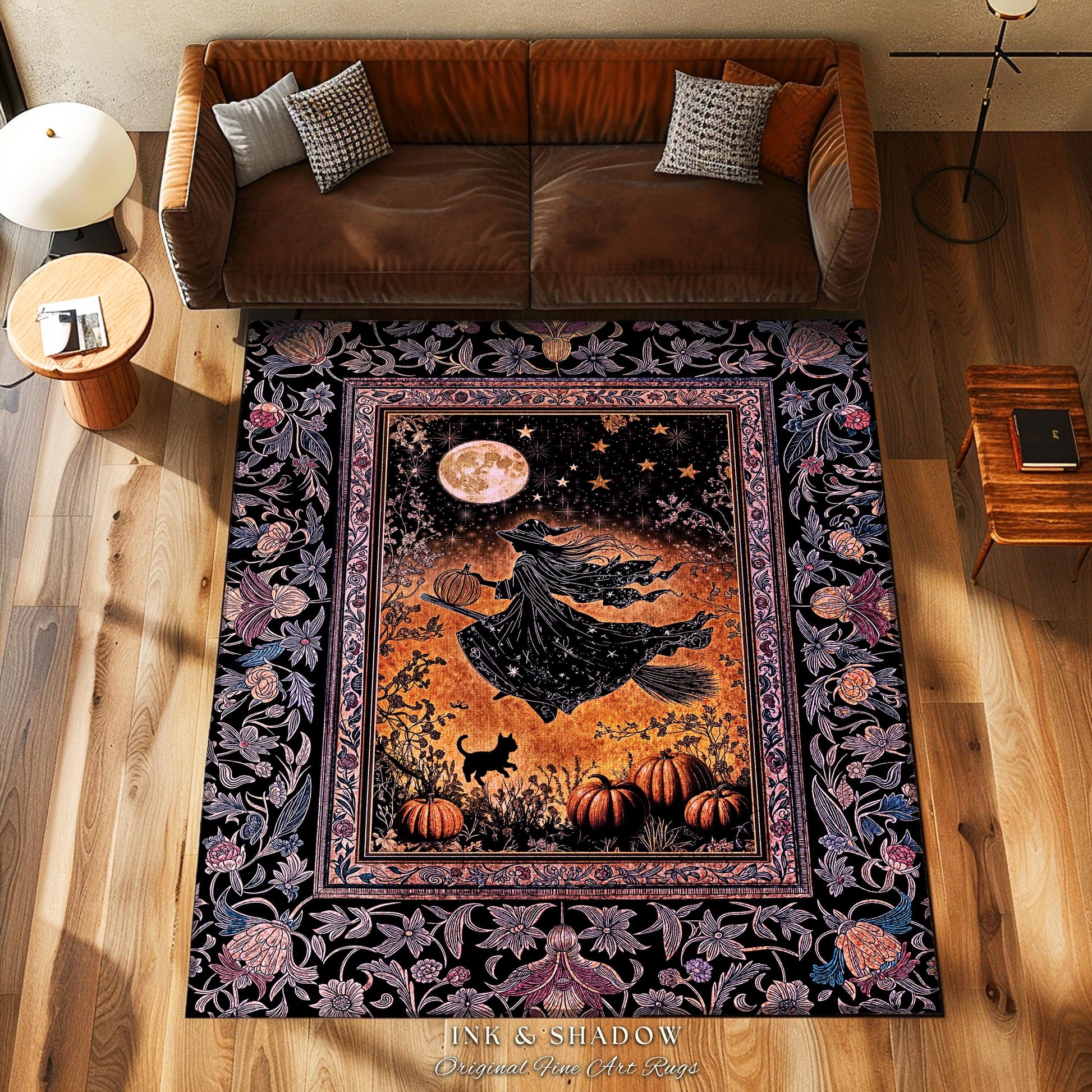 Harvest Moon Spooky Witch Accent Rug | Enchanted Black Cat Moody Bedroom Area Rug Gothic Decor Folklore Aesthetic Celestial Night Whimsical