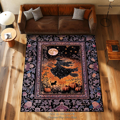 Harvest Moon Spooky Witch Accent Rug | Enchanted Black Cat Moody Bedroom Area Rug Gothic Decor Folklore Aesthetic Celestial Night Whimsical