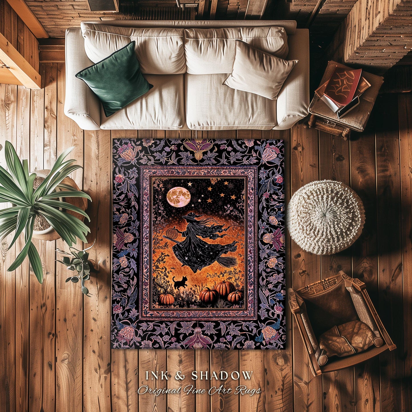 Harvest Moon Spooky Witch Accent Rug | Enchanted Black Cat Moody Bedroom Area Rug Gothic Decor Folklore Aesthetic Celestial Night Whimsical