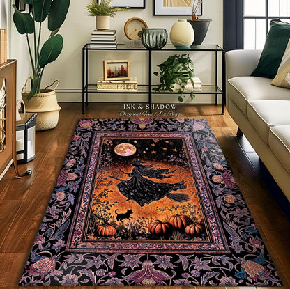 Harvest Moon Spooky Witch Accent Rug | Enchanted Black Cat Moody Bedroom Area Rug Gothic Decor Folklore Aesthetic Celestial Night Whimsical