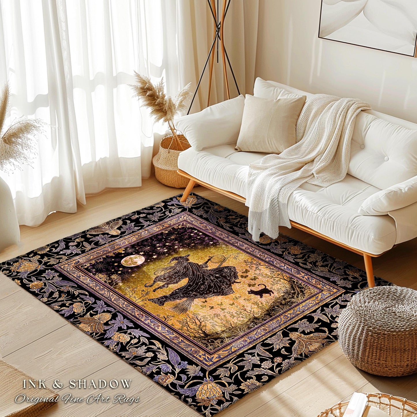 Golden Witch Autumn Area Rug | Moonlit Gothic Halloween Magic Decor Folklore Style Whimsigoth Night Sky Enchanted Bedroom Area Rug Spooky |