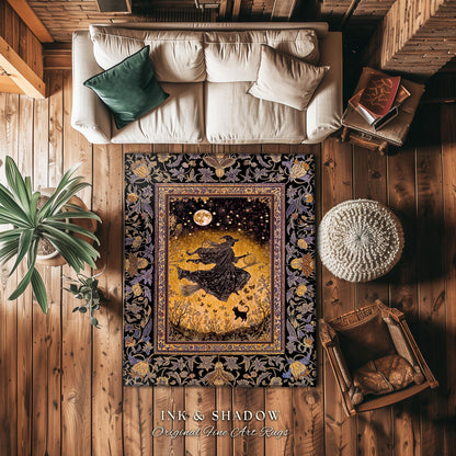 Golden Witch Autumn Area Rug | Moonlit Gothic Halloween Magic Decor Folklore Style Whimsigoth Night Sky Enchanted Bedroom Area Rug Spooky |