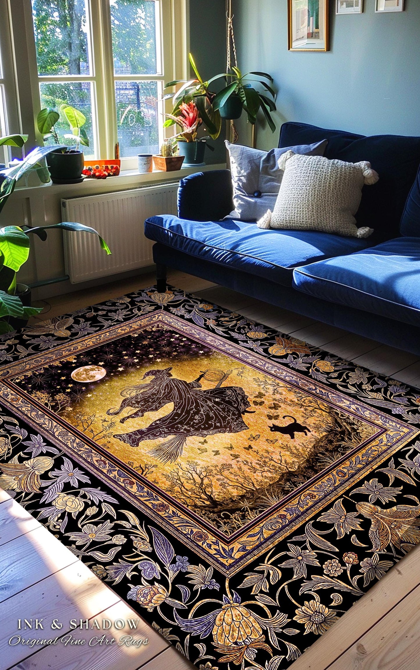 Golden Witch Autumn Area Rug | Moonlit Gothic Halloween Magic Decor Folklore Style Whimsigoth Night Sky Enchanted Bedroom Area Rug Spooky |