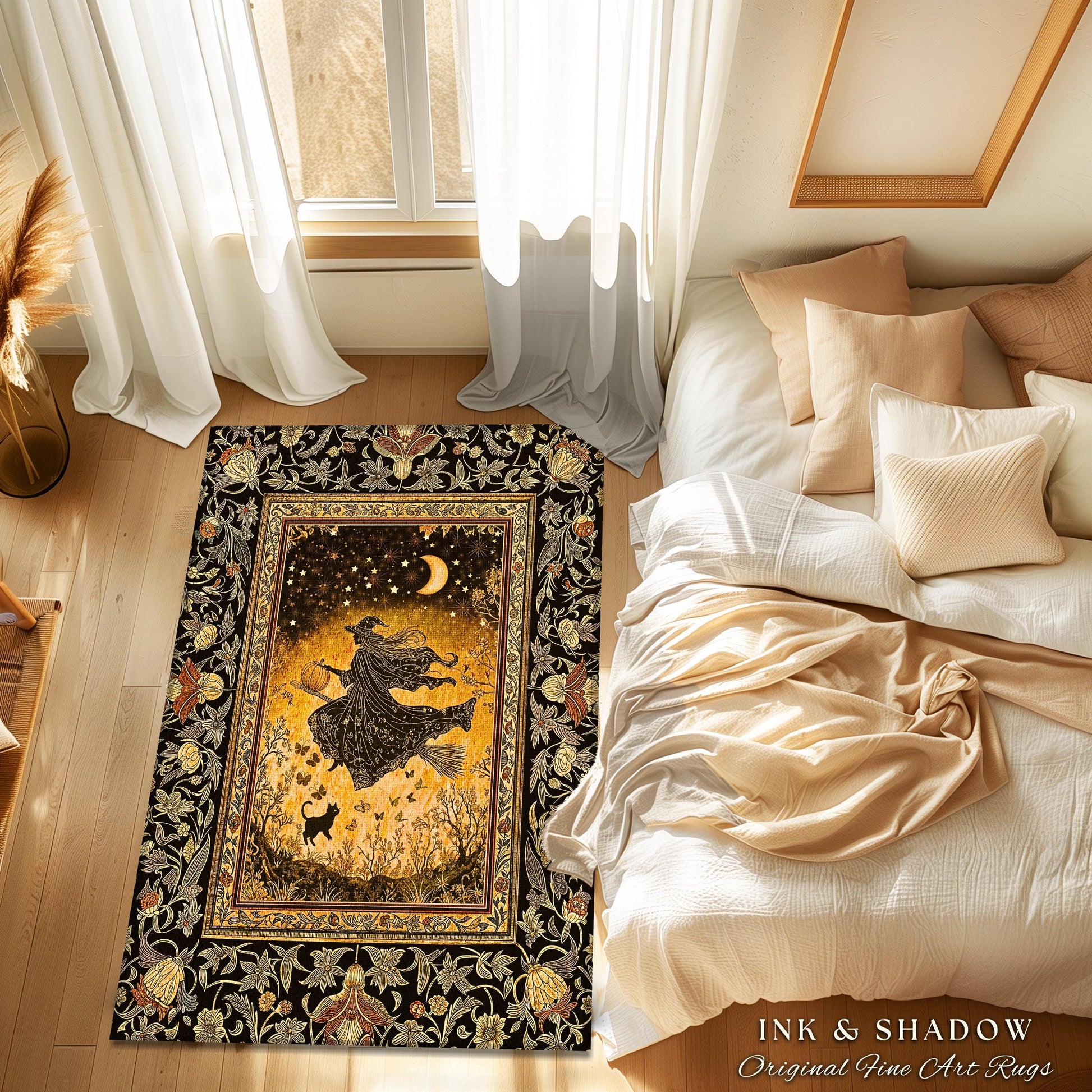 Amber Witch Gothic Folklore Rug | Celestial Black Cat Halloween Decor Maximalist Bedroom Accent Folklore Aesthetic Cottagecore Spooky Season