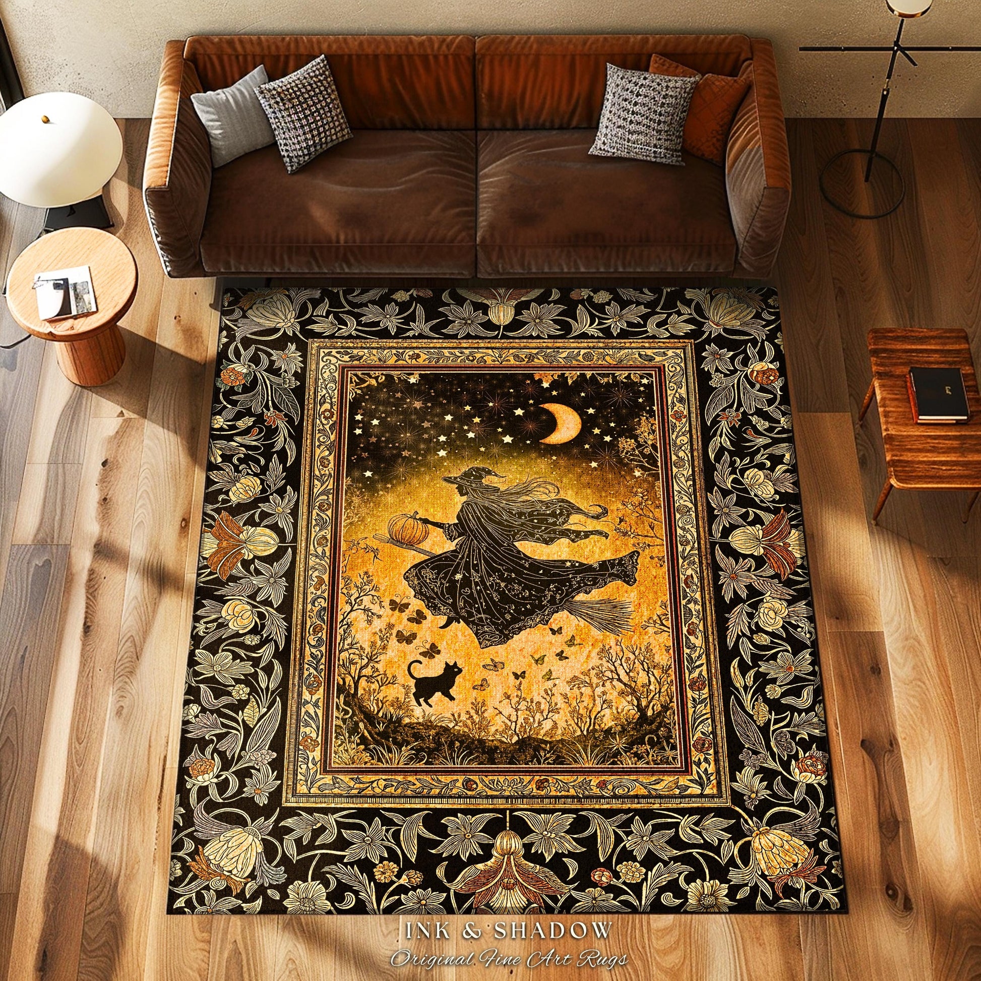 Amber Witch Gothic Folklore Rug | Celestial Black Cat Halloween Decor Maximalist Bedroom Accent Folklore Aesthetic Cottagecore Spooky Season