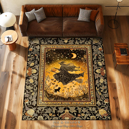 Amber Witch Gothic Folklore Rug | Celestial Black Cat Halloween Decor Maximalist Bedroom Accent Folklore Aesthetic Cottagecore Spooky Season