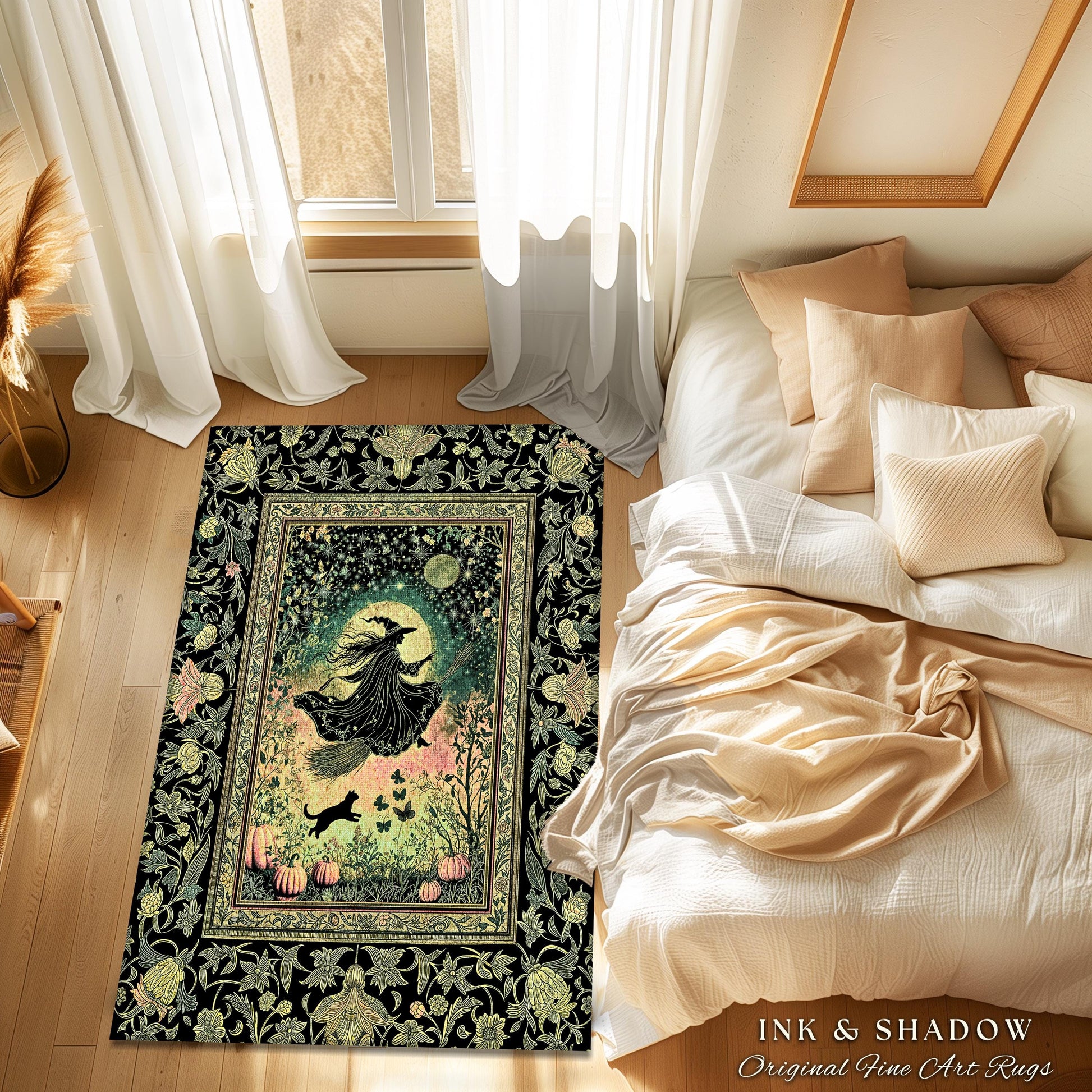 Emerald Sky Flying Witch Accent Rug | Fall Pumpkin Field Bedroom Area Rug Whimsigoth Aesthetic Celestial Folk Art Autumn Dorm Decor Magic |