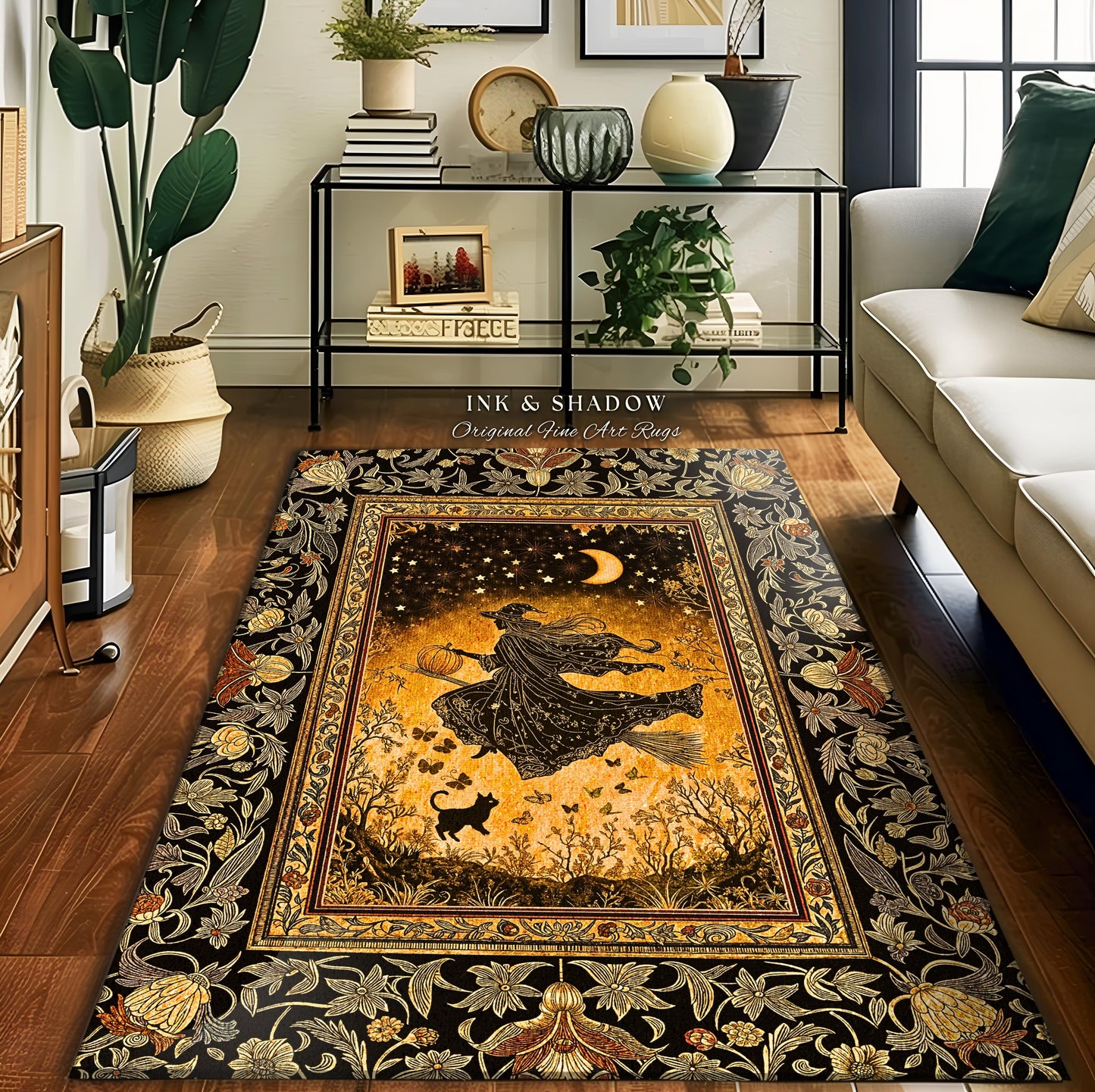 Amber Witch Gothic Folklore Rug | Celestial Black Cat Halloween Decor Maximalist Bedroom Accent Folklore Aesthetic Cottagecore Spooky Season