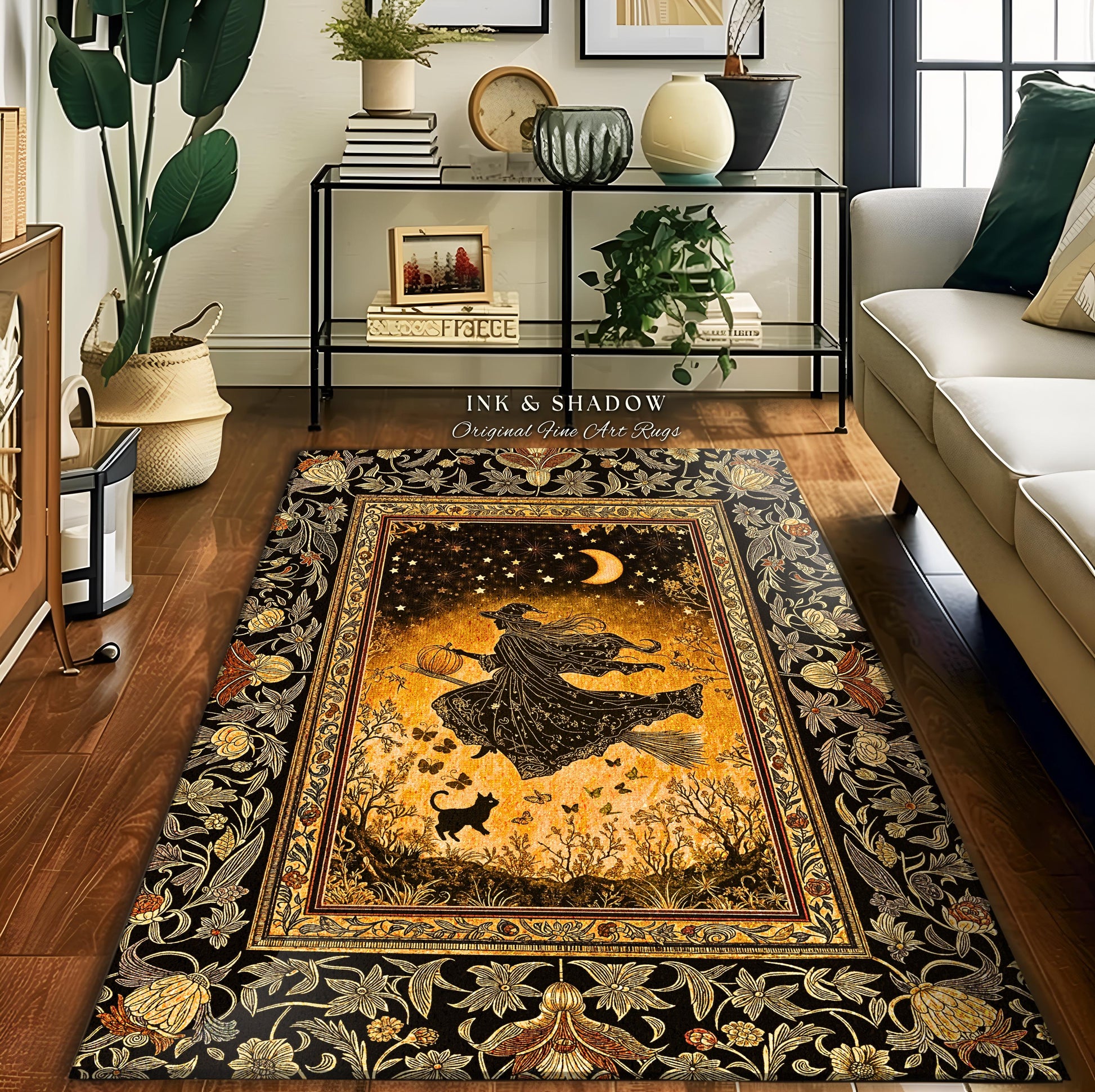Amber Witch Gothic Folklore Rug | Celestial Black Cat Halloween Decor Maximalist Bedroom Accent Folklore Aesthetic Cottagecore Spooky Season