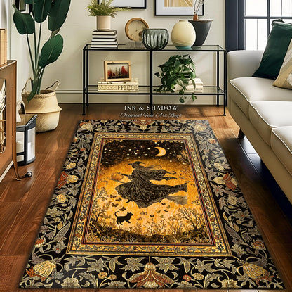 Amber Witch Gothic Folklore Rug | Celestial Black Cat Halloween Decor Maximalist Bedroom Accent Folklore Aesthetic Cottagecore Spooky Season