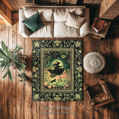 Emerald Sky Flying Witch Accent Rug | Fall Pumpkin Field Bedroom Area Rug Whimsigoth Aesthetic Celestial Folk Art Autumn Dorm Decor Magic |