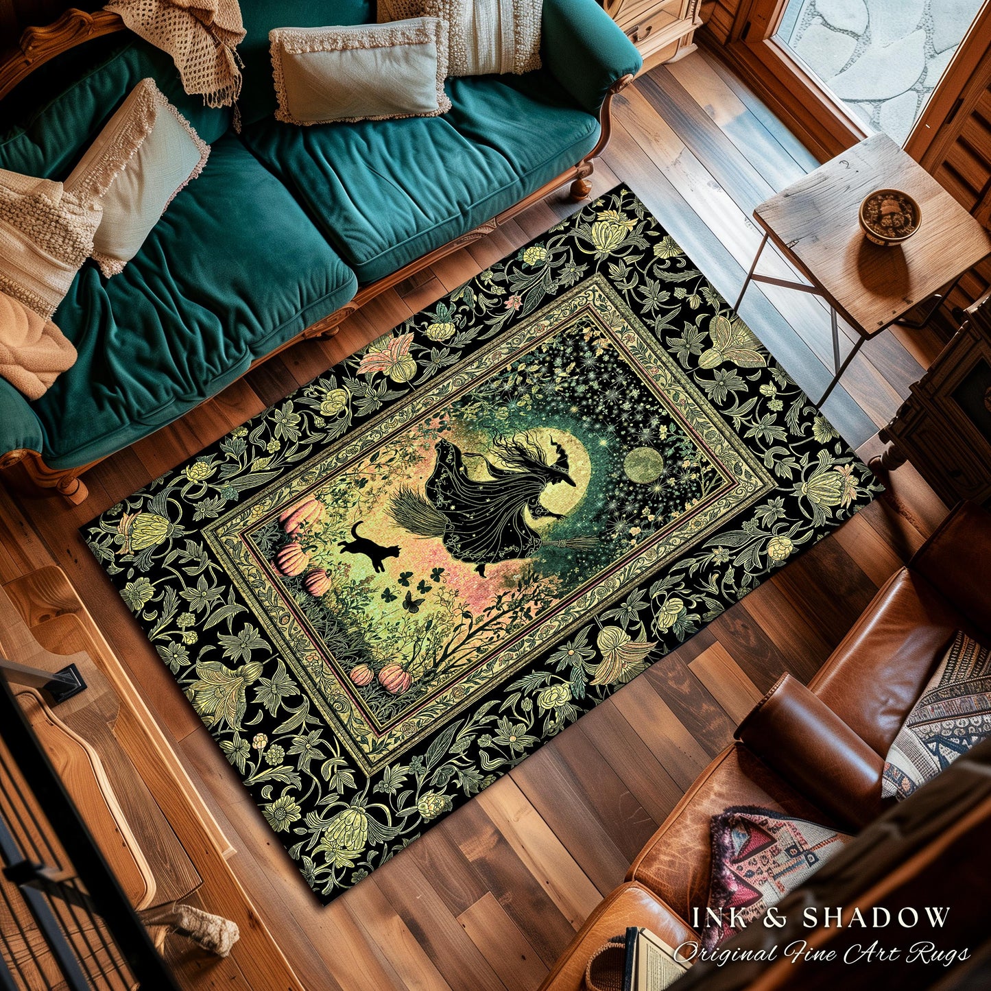Emerald Sky Flying Witch Accent Rug | Fall Pumpkin Field Bedroom Area Rug Whimsigoth Aesthetic Celestial Folk Art Autumn Dorm Decor Magic |
