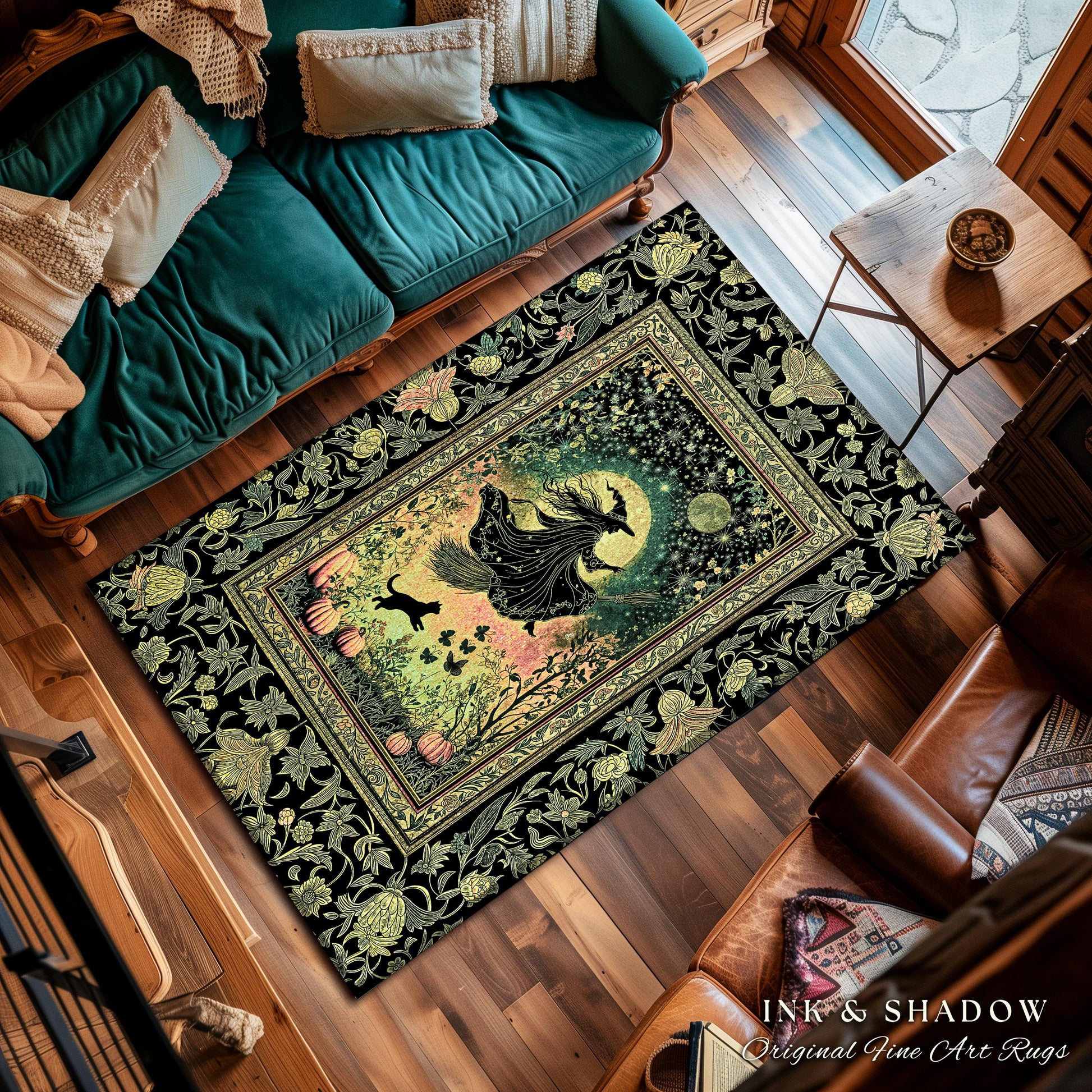 Emerald Sky Flying Witch Accent Rug | Fall Pumpkin Field Bedroom Area Rug Whimsigoth Aesthetic Celestial Folk Art Autumn Dorm Decor Magic |