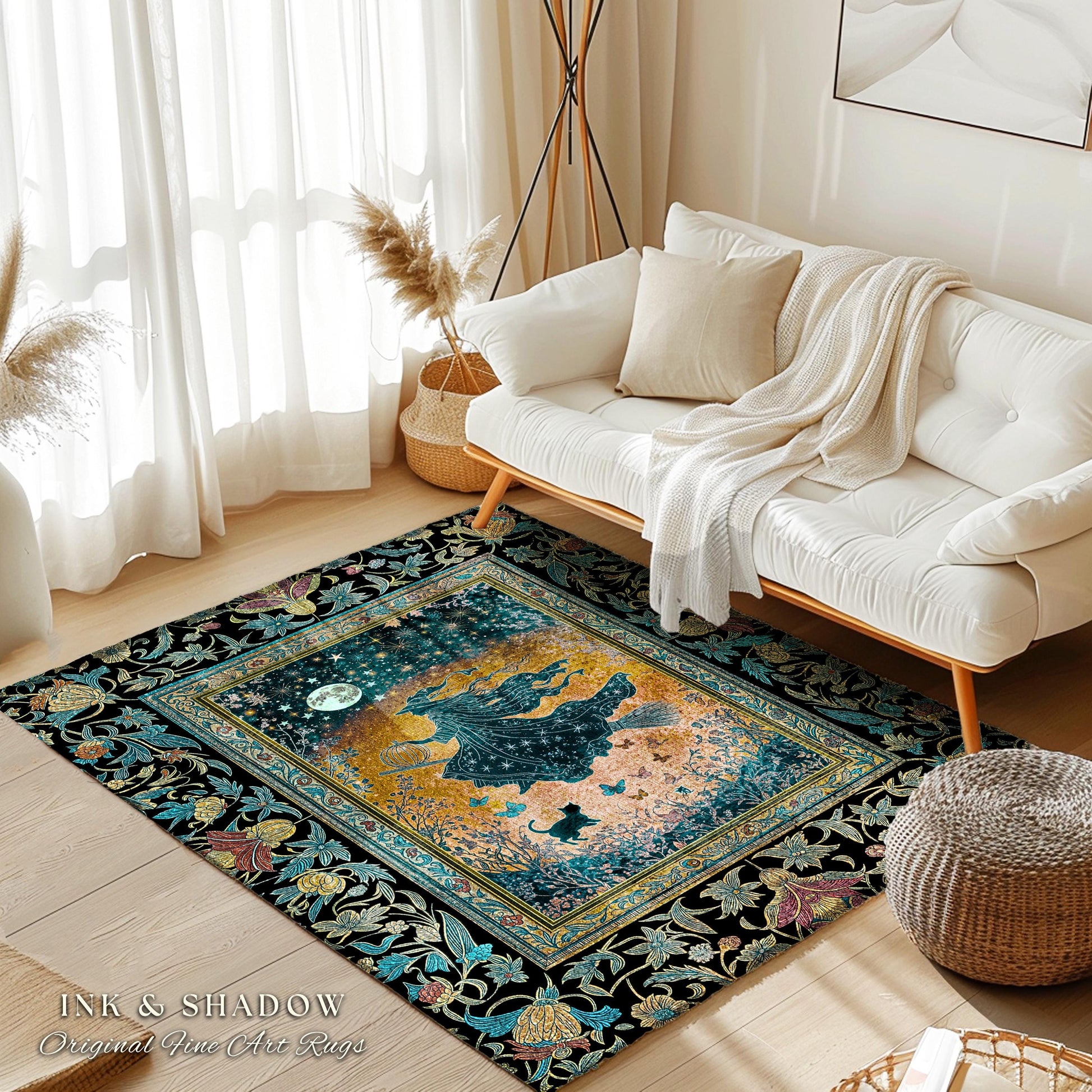 Autumn Aesthetic Witchy Area Rug | Fall Gothic Dark Cottagecore Decor Moonlight Magic Black Cat Whimsigoth Dorm Accent Maximalist Halloween