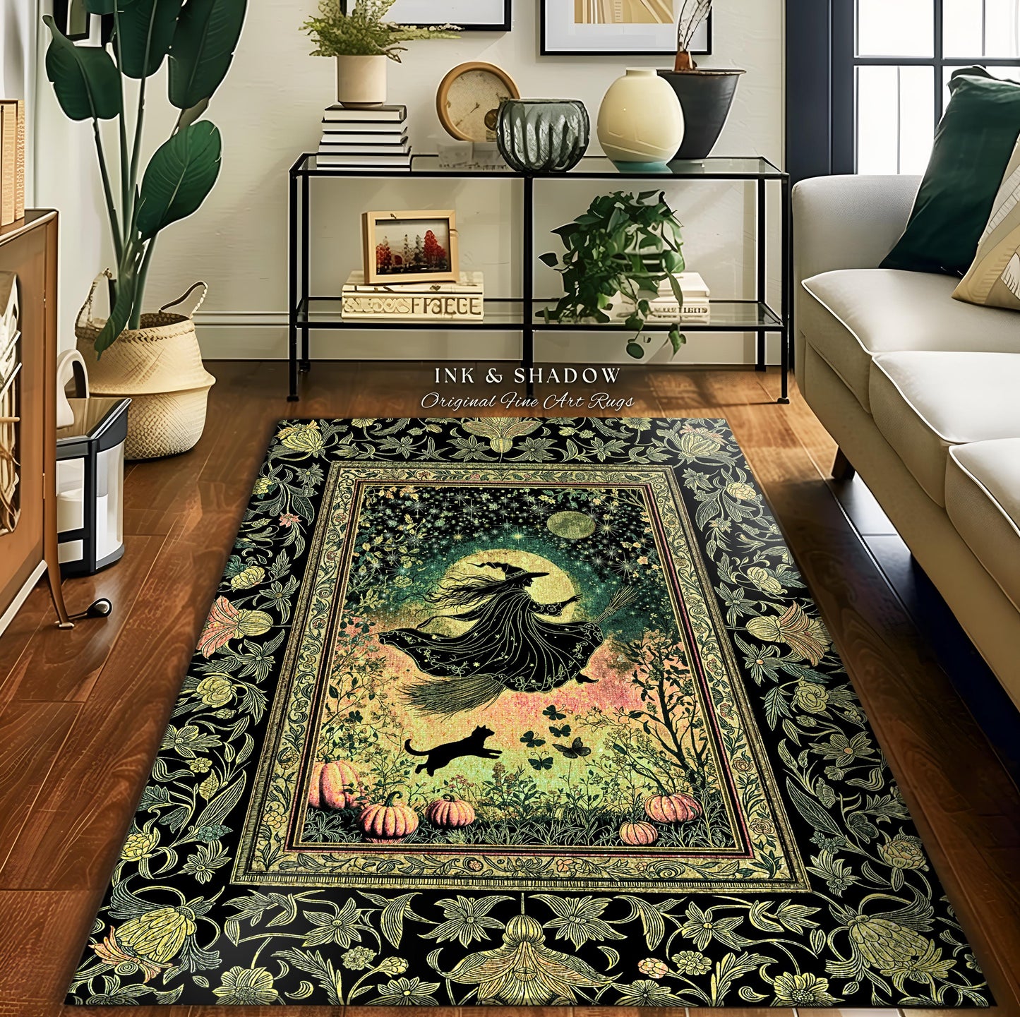 Emerald Sky Flying Witch Accent Rug | Fall Pumpkin Field Bedroom Area Rug Whimsigoth Aesthetic Celestial Folk Art Autumn Dorm Decor Magic |