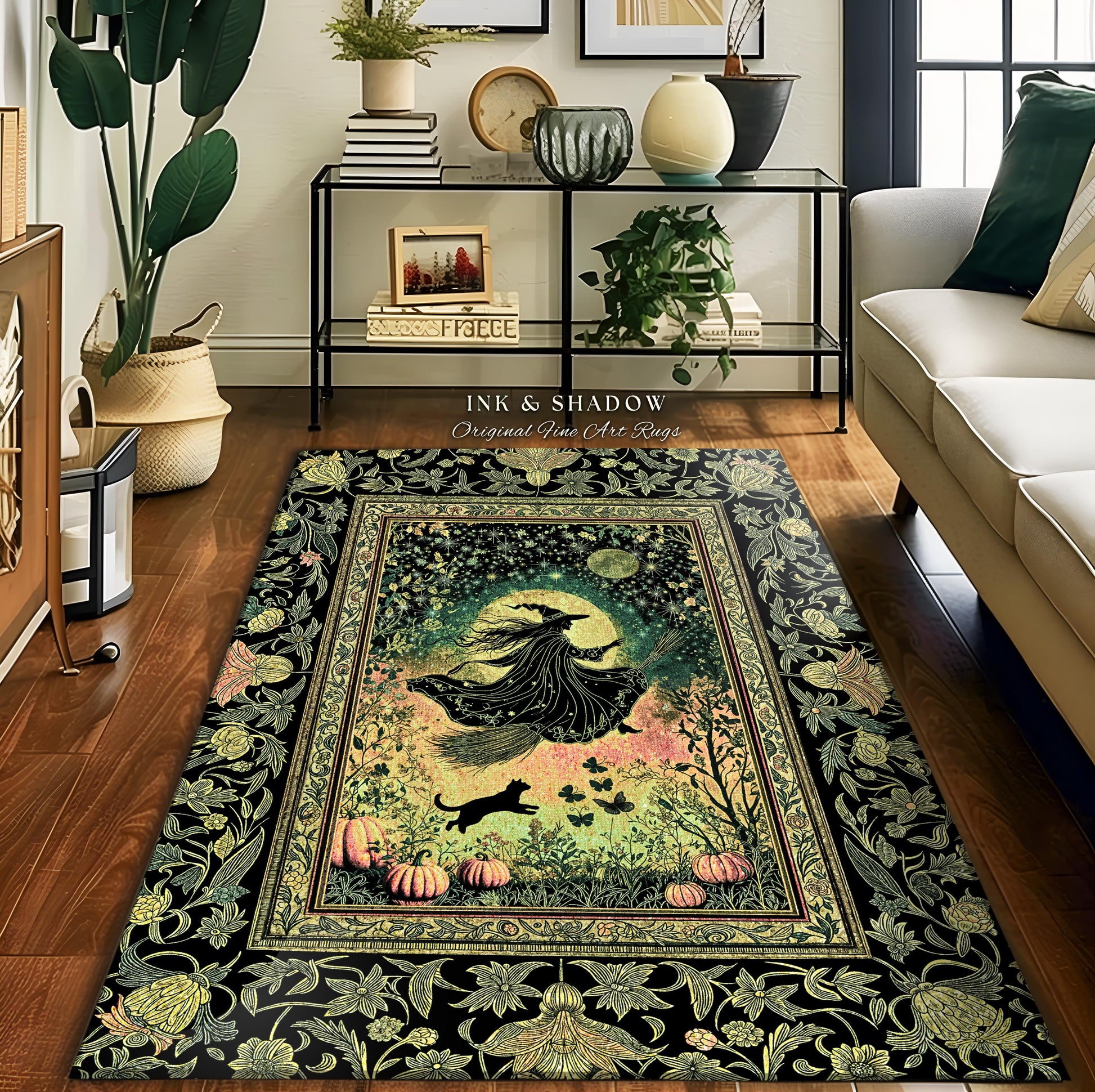 Emerald Sky Flying Witch Accent Rug | Fall Pumpkin Field Bedroom Area Rug Whimsigoth Aesthetic Celestial Folk Art Autumn Dorm Decor Magic |