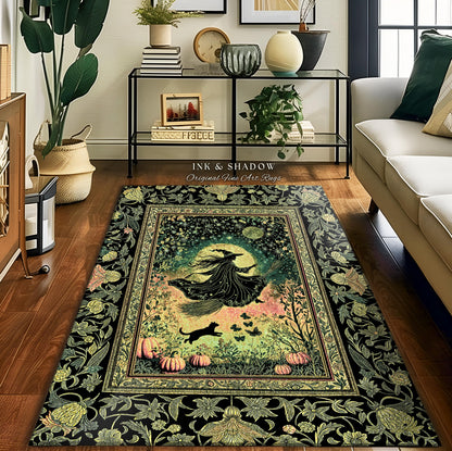 Emerald Sky Flying Witch Accent Rug | Fall Pumpkin Field Bedroom Area Rug Whimsigoth Aesthetic Celestial Folk Art Autumn Dorm Decor Magic |