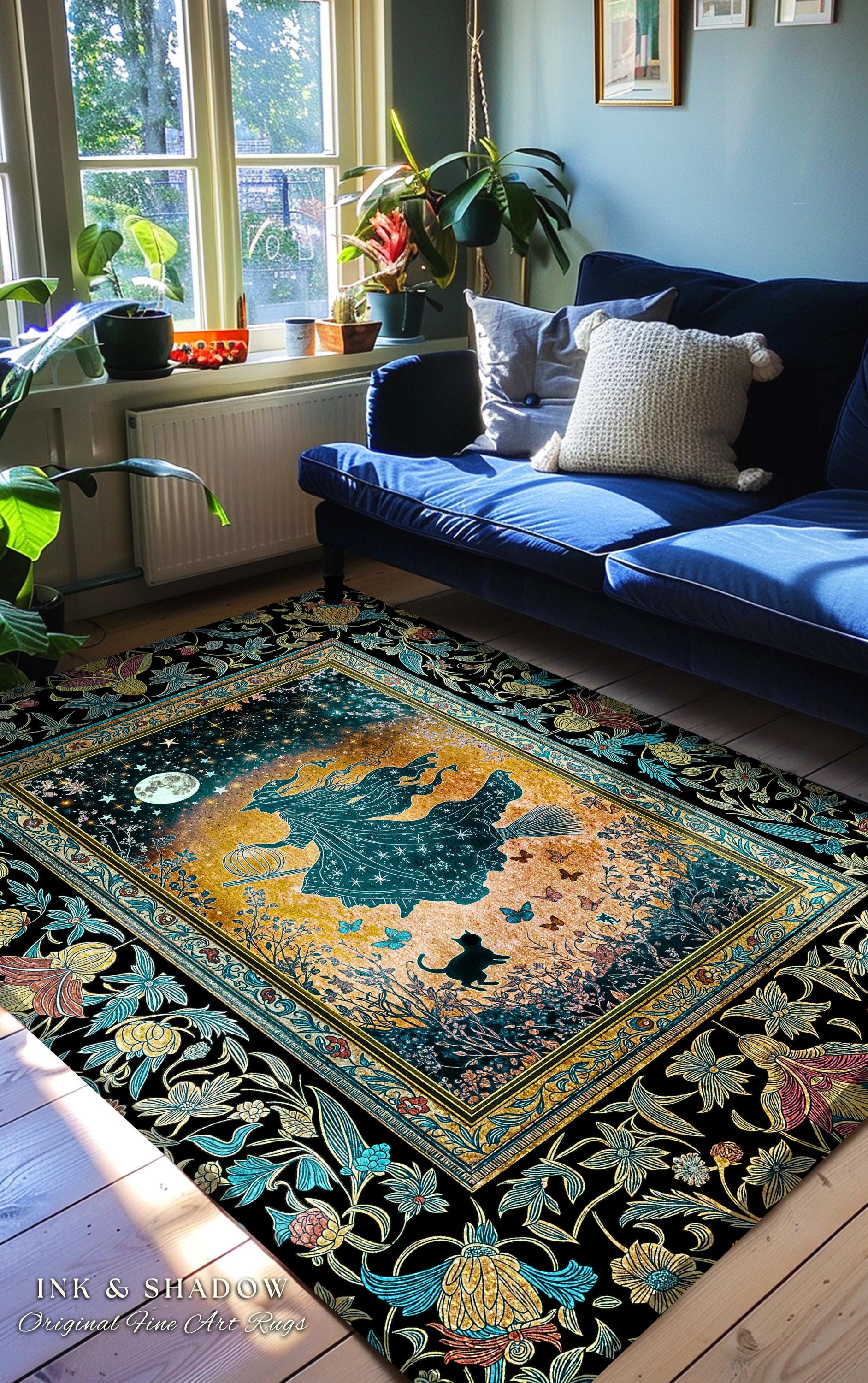 Autumn Aesthetic Witchy Area Rug | Fall Gothic Dark Cottagecore Decor Moonlight Magic Black Cat Whimsigoth Dorm Accent Maximalist Halloween