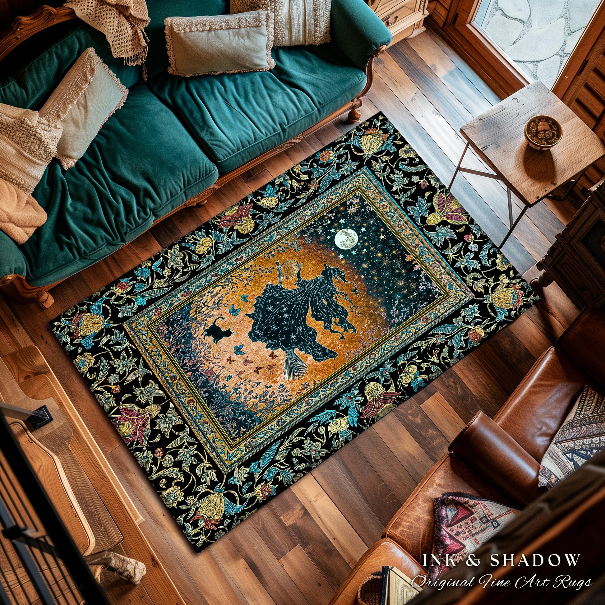 Autumn Aesthetic Witchy Area Rug | Fall Gothic Dark Cottagecore Decor Moonlight Magic Black Cat Whimsigoth Dorm Accent Maximalist Halloween