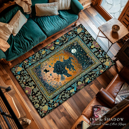 Autumn Aesthetic Witchy Area Rug | Fall Gothic Dark Cottagecore Decor Moonlight Magic Black Cat Whimsigoth Dorm Accent Maximalist Halloween