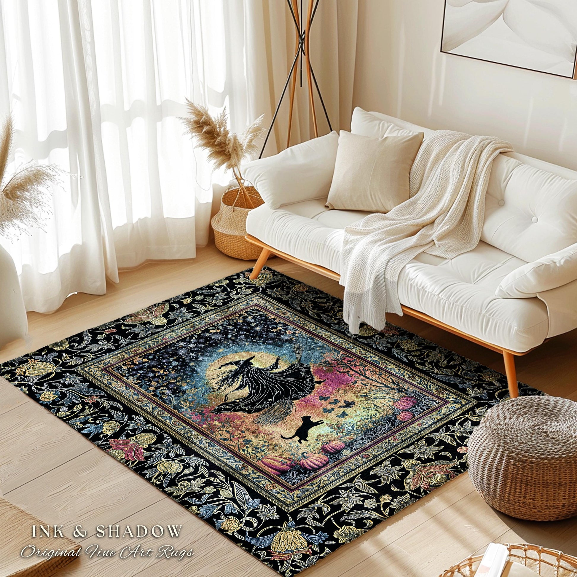 Starlit Storybook Witch Accent Rug | Flying Broomstick Gothic Ethereal Aesthetic Broomstick Magic Celestial Whimsical Decor Enchanted Dorm |