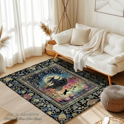 Starlit Storybook Witch Accent Rug | Flying Broomstick Gothic Ethereal Aesthetic Broomstick Magic Celestial Whimsical Decor Enchanted Dorm |