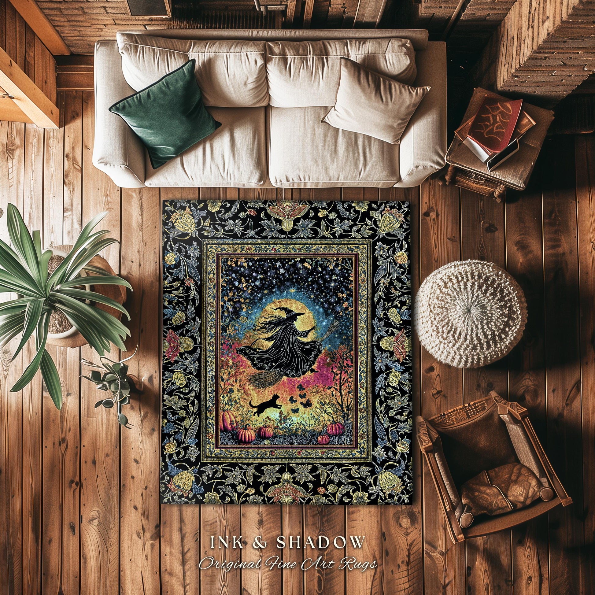 Starlit Storybook Witch Accent Rug | Flying Broomstick Gothic Ethereal Aesthetic Broomstick Magic Celestial Whimsical Decor Enchanted Dorm |
