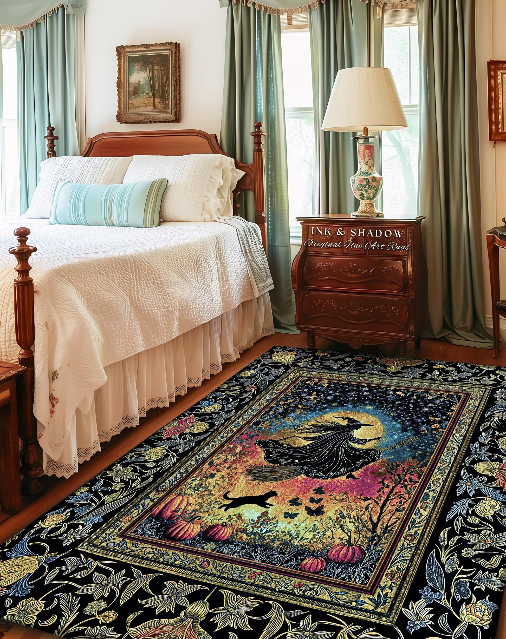 Starlit Storybook Witch Accent Rug | Flying Broomstick Gothic Ethereal Aesthetic Broomstick Magic Celestial Whimsical Decor Enchanted Dorm |