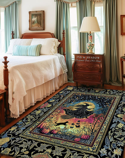 Starlit Storybook Witch Accent Rug | Flying Broomstick Gothic Ethereal Aesthetic Broomstick Magic Celestial Whimsical Decor Enchanted Dorm |