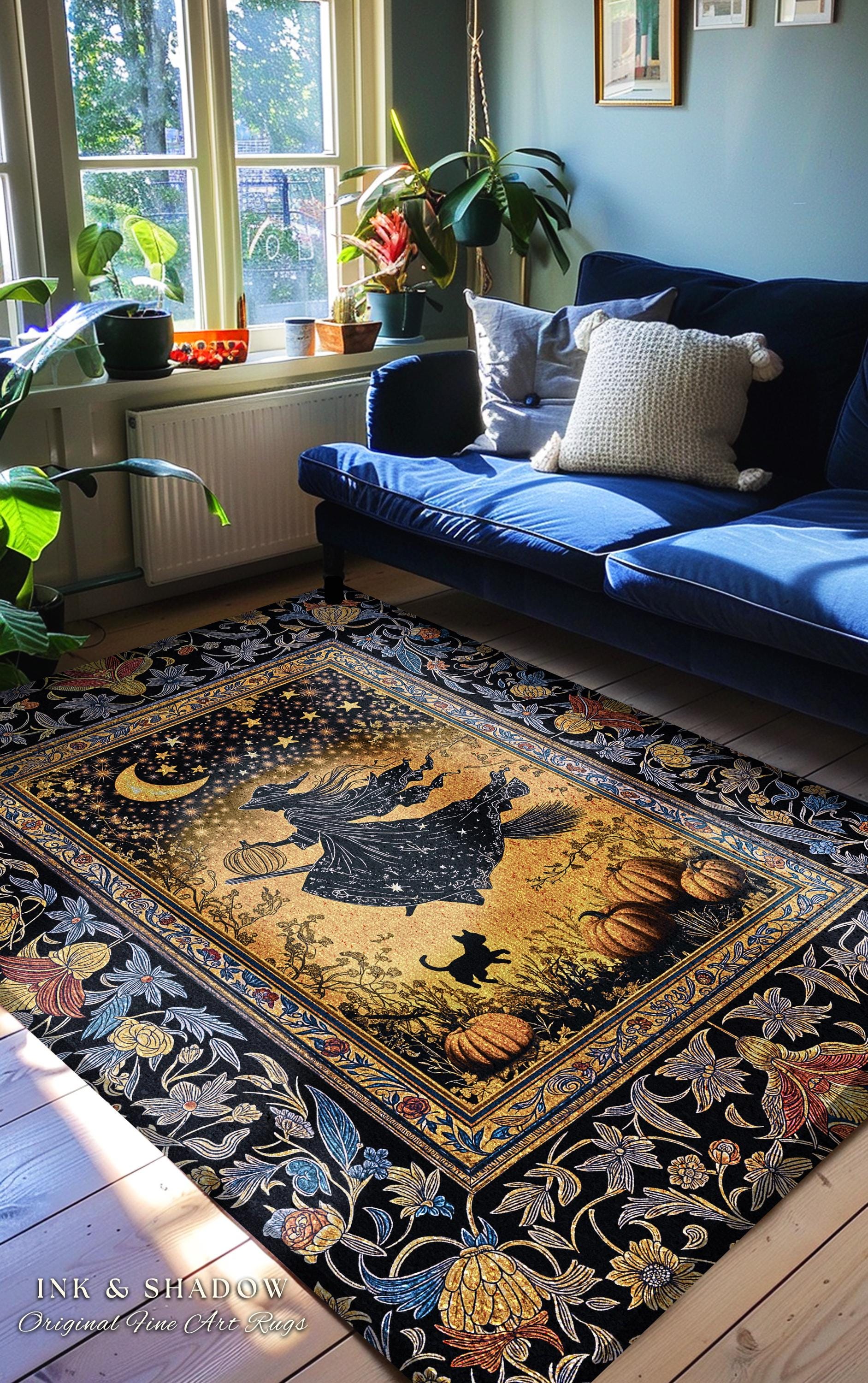 Autumn Golden Gothic Sky Rug | Celestial Black Cat Bedroom Accent Whimsigoth Decor Mystic Aesthetic Pumpkin Enchanted Magic Style Dorm Room