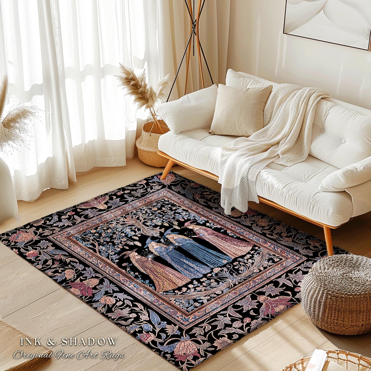 Witchy Folklore Ethereal Accent Rug | Occult Baroque Witches Dreamy Aesthetic Magical Bedroom Area Rug Crowcore Dorm Renaissance Ornate |