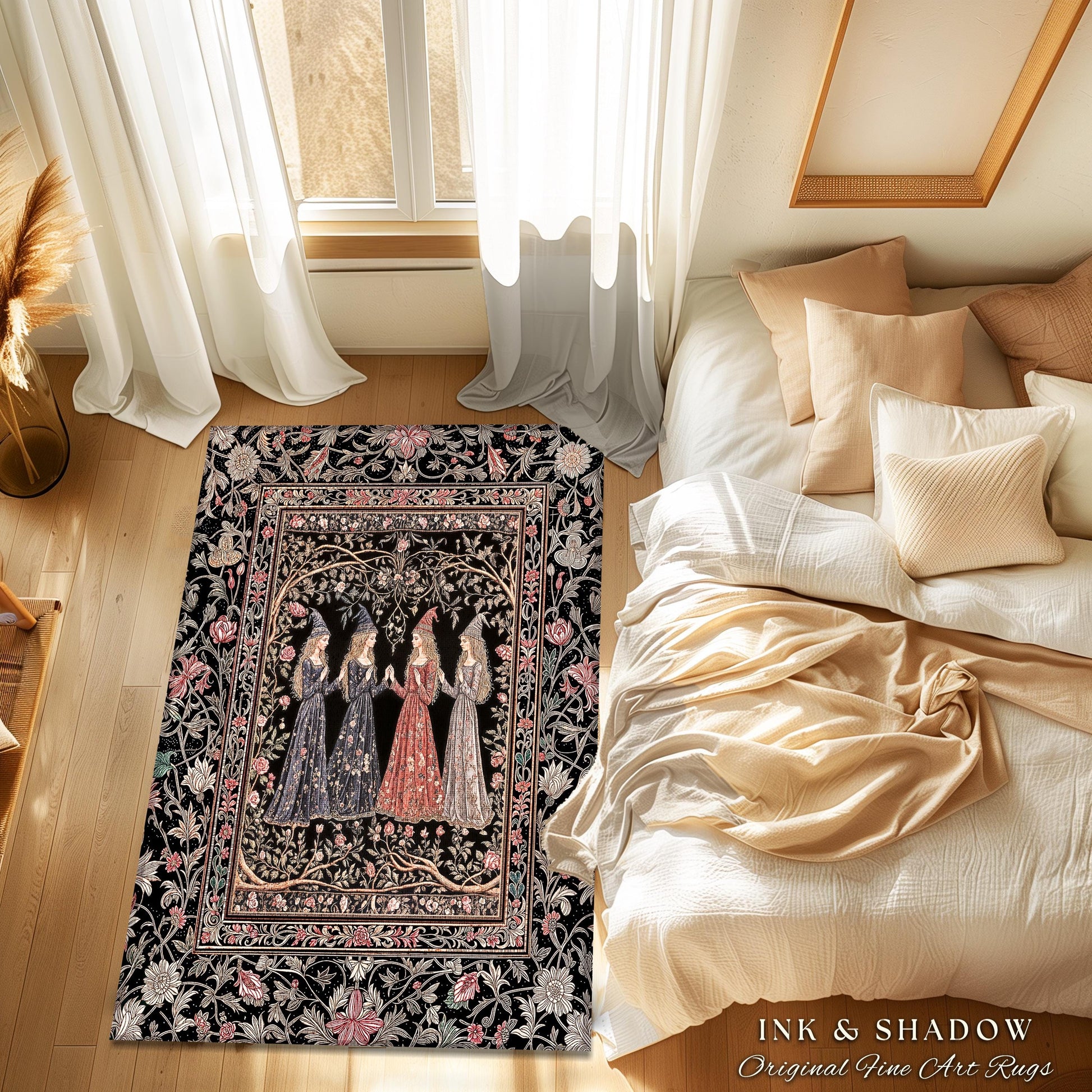 Enchanted Maidens Rustic Area Rug | Mystical Folklore Floral Gothic Art Nouveau Bedroom Rug Ethereal Coven Magic Dark Boho Aesthetic Decor