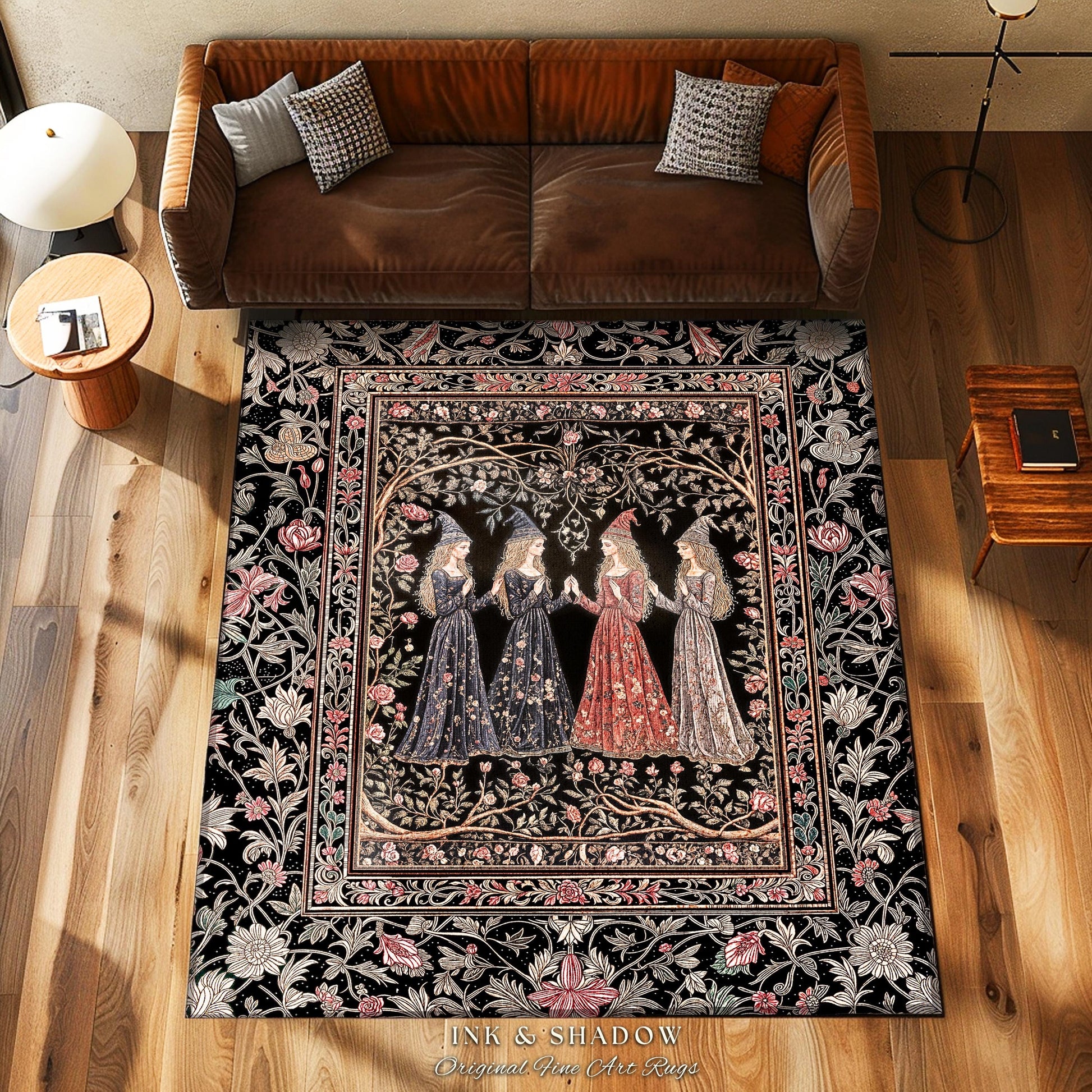 Enchanted Maidens Rustic Area Rug | Mystical Folklore Floral Gothic Art Nouveau Bedroom Rug Ethereal Coven Magic Dark Boho Aesthetic Decor