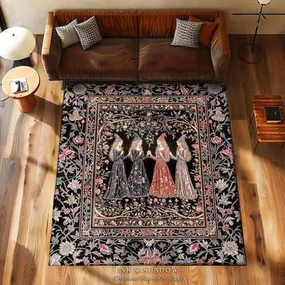 Enchanted Maidens Rustic Area Rug | Mystical Folklore Floral Gothic Art Nouveau Bedroom Rug Ethereal Coven Magic Dark Boho Aesthetic Decor