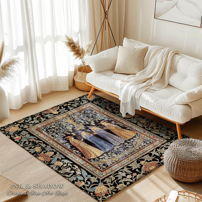 Celestial Witches Gothic Bedroom Rug | Dreamy Maiden Forest Enchantment Floral Magic Coven Witchy Area Rug Folk Tale Sisterhood Art Bohemian