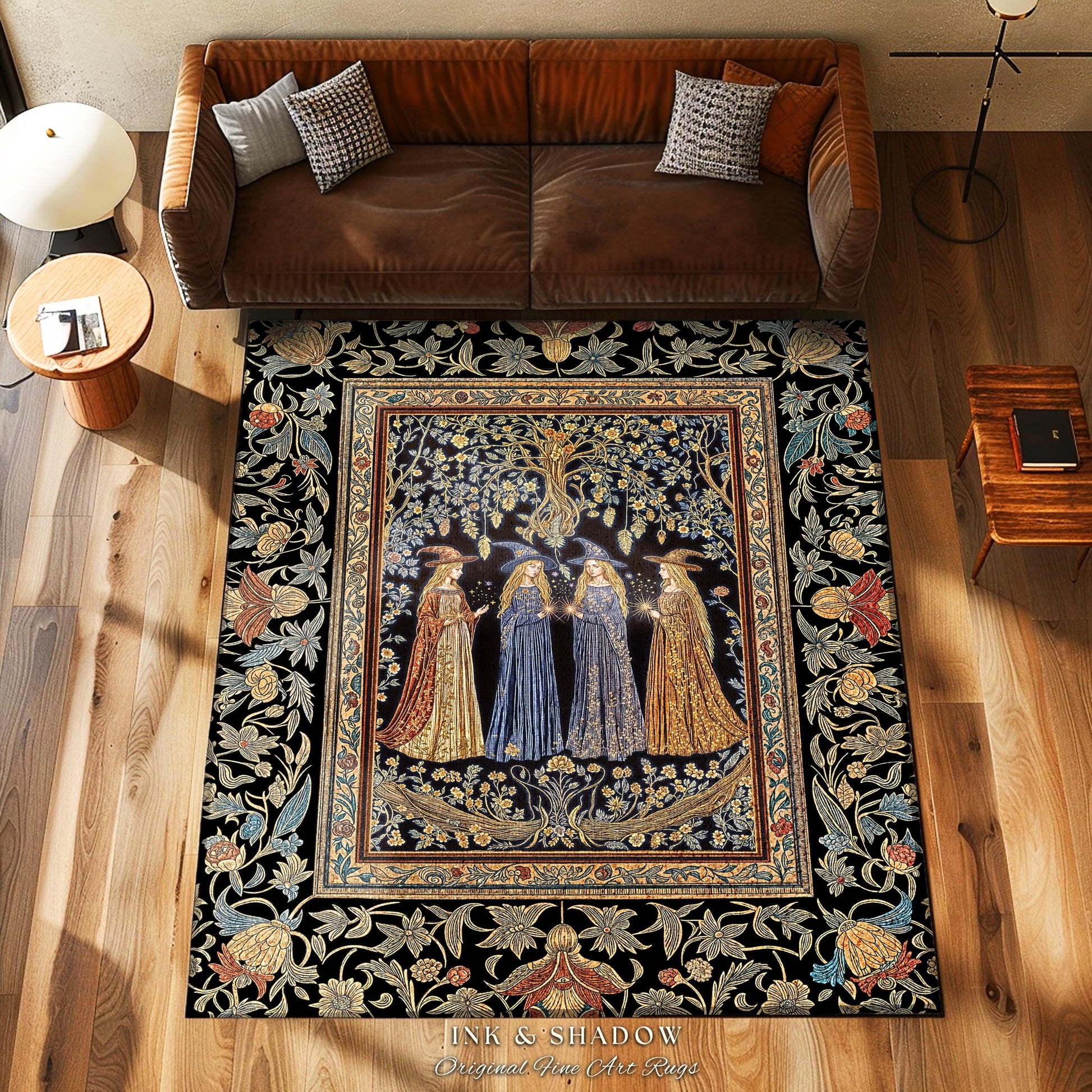 Celestial Witches Gothic Bedroom Rug | Dreamy Maiden Forest Enchantment Floral Magic Coven Witchy Area Rug Folk Tale Sisterhood Art Bohemian