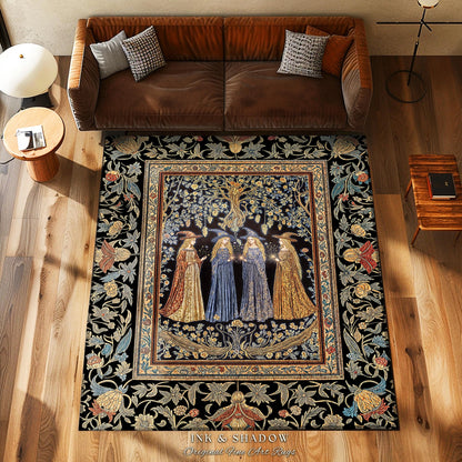 Celestial Witches Gothic Bedroom Rug | Dreamy Maiden Forest Enchantment Floral Magic Coven Witchy Area Rug Folk Tale Sisterhood Art Bohemian