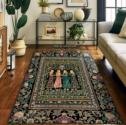 Victorian Witch Sisters Area Rug | Enchanted Folklore Gothic Floral Forest Rug Celestial Art Nouveau Magic Aesthetic Whimsical Home Accent |