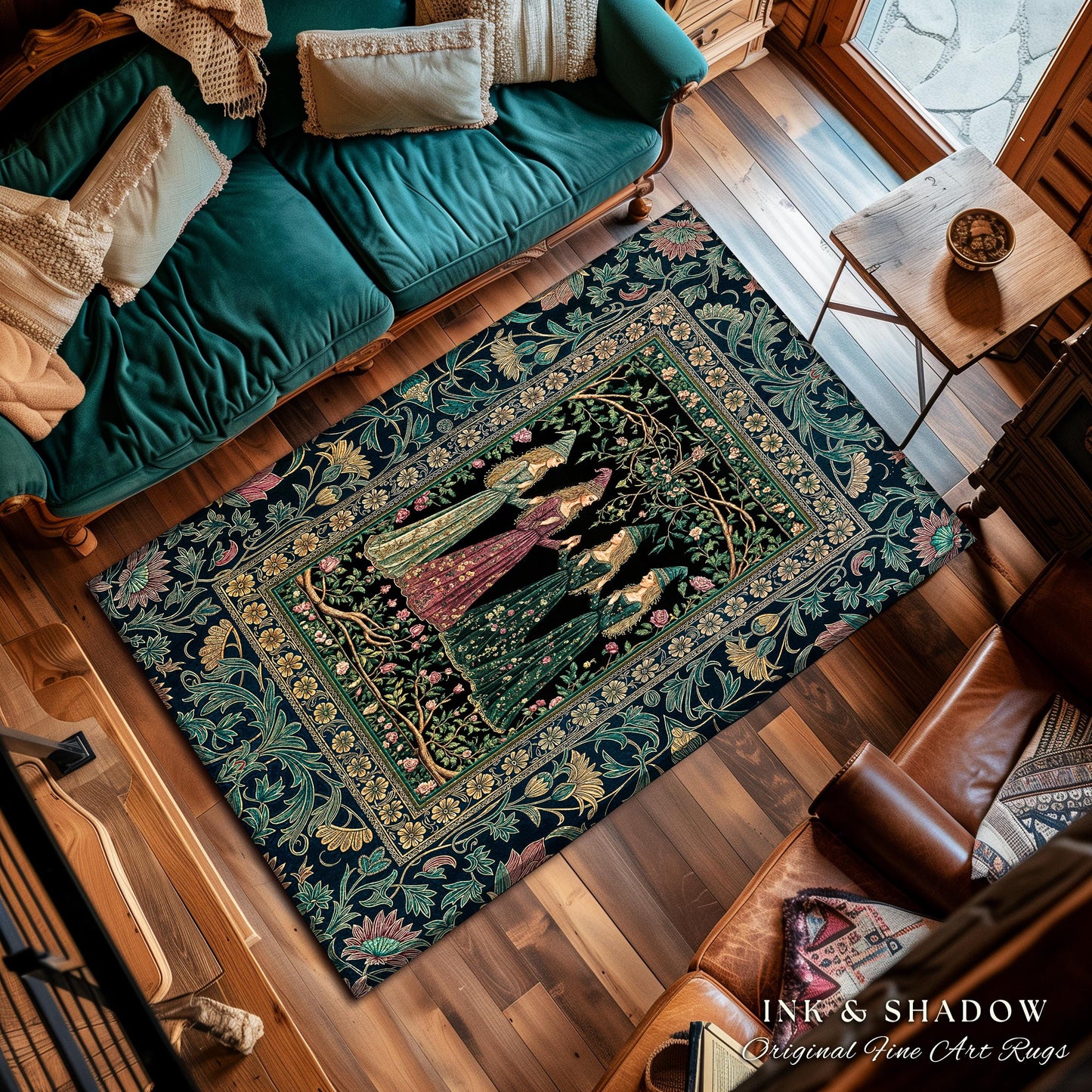 Storybook Aesthetic Witch Rug | Whimsical Crowcore Arcane Gothic Forest Maiden Medieval Enchanted Magic Bedroom Accent Dark Botanical Dorm |