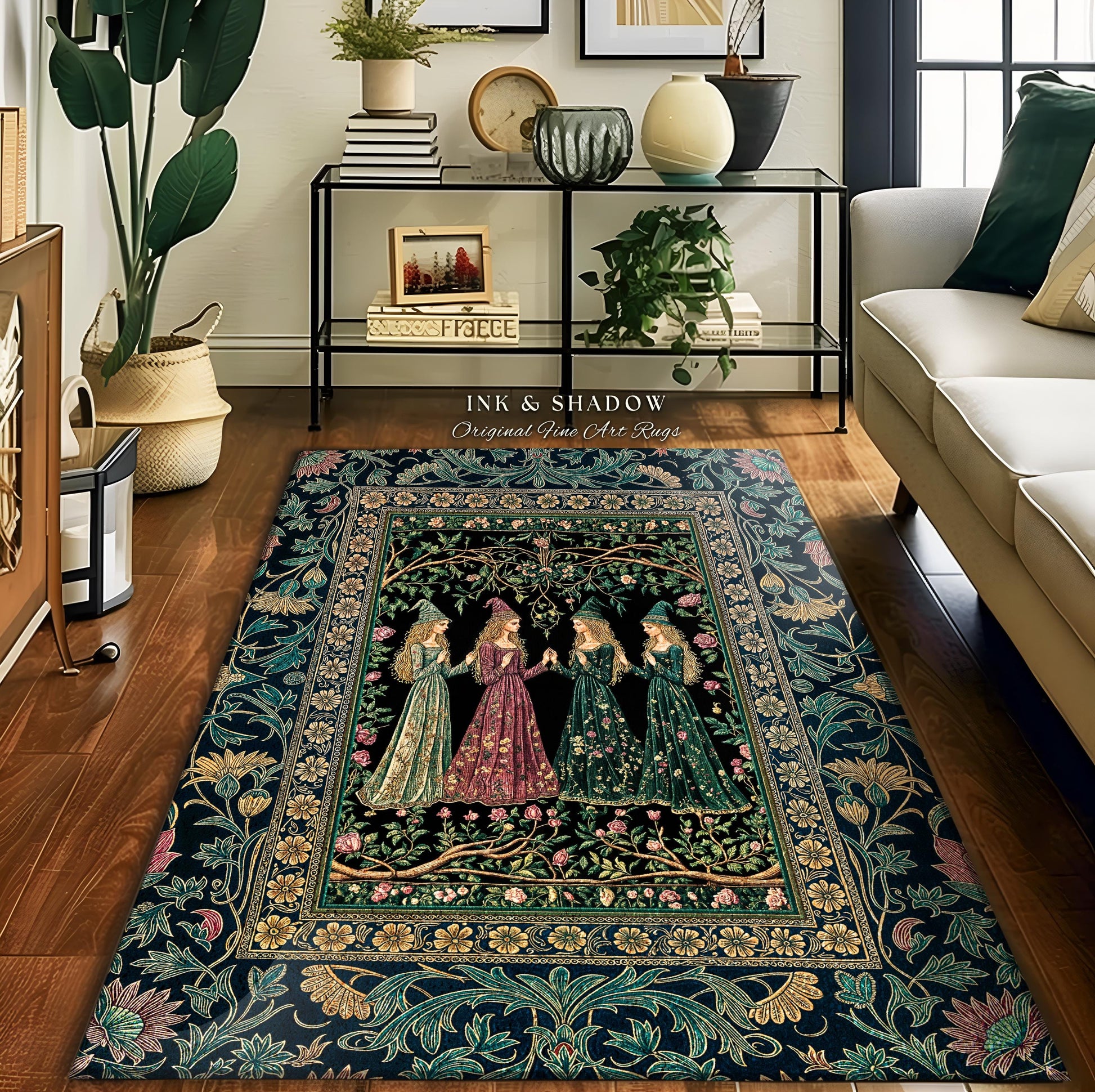 Storybook Aesthetic Witch Rug | Whimsical Crowcore Arcane Gothic Forest Maiden Medieval Enchanted Magic Bedroom Accent Dark Botanical Dorm |
