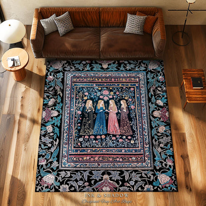 Victorian Gothic Maiden Witches Rug | Arcane Witchcraft Celestial Baroque Ethereal Folklore Aesthetic Bedroom Romantic Floral Style Accent |
