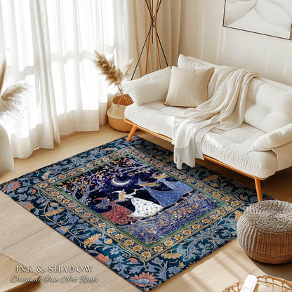 Moonlit Magic Witches Area Rug | Medieval Fairytale Floral Enchanted Witchcore Baroque Dark Folk Art Home Decor Occult Boho Bedroom Accent |