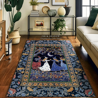 Moonlit Magic Witches Area Rug | Medieval Fairytale Floral Enchanted Witchcore Baroque Dark Folk Art Home Decor Occult Boho Bedroom Accent |