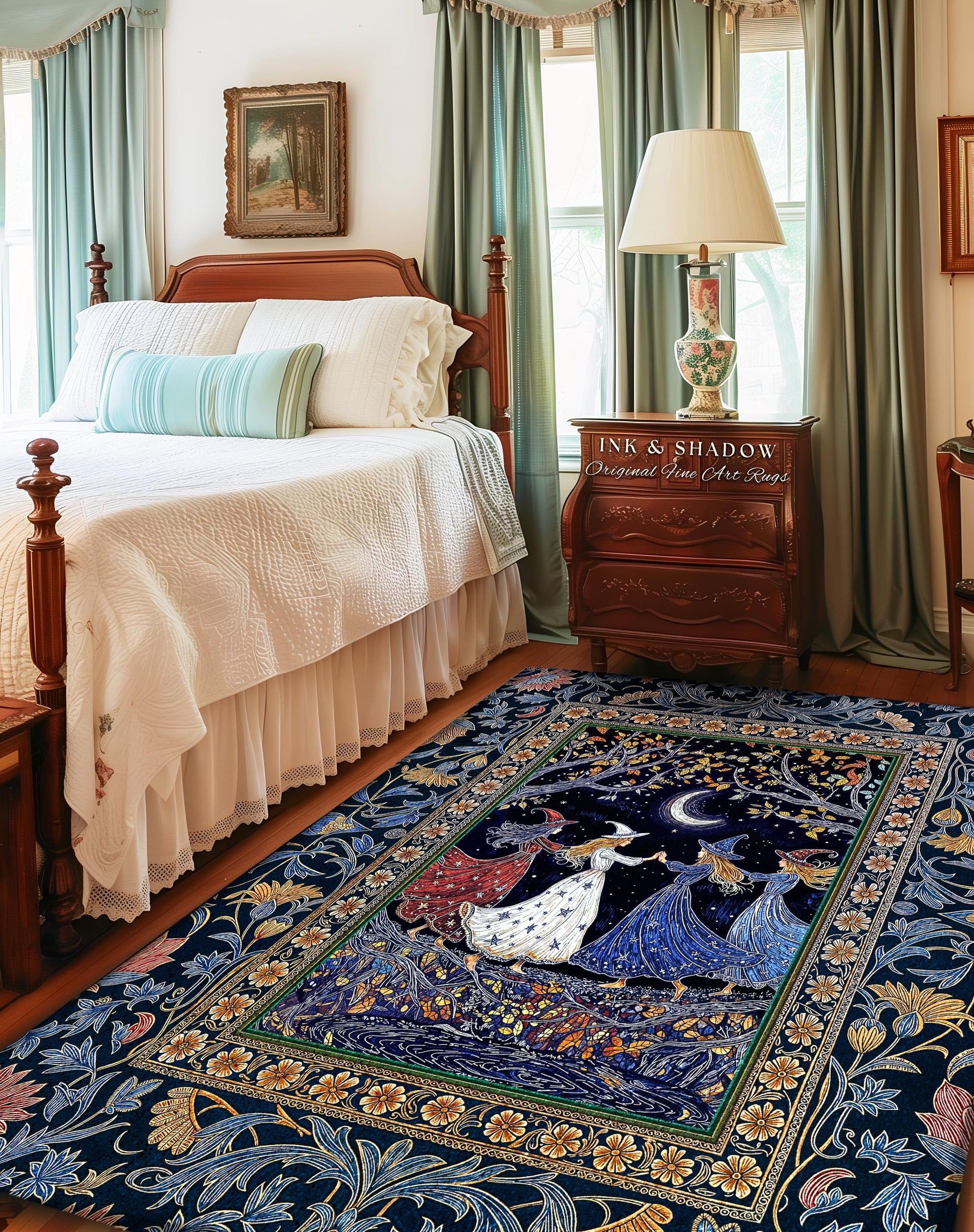 Moonlit Magic Witches Area Rug | Medieval Fairytale Floral Enchanted Witchcore Baroque Dark Folk Art Home Decor Occult Boho Bedroom Accent |