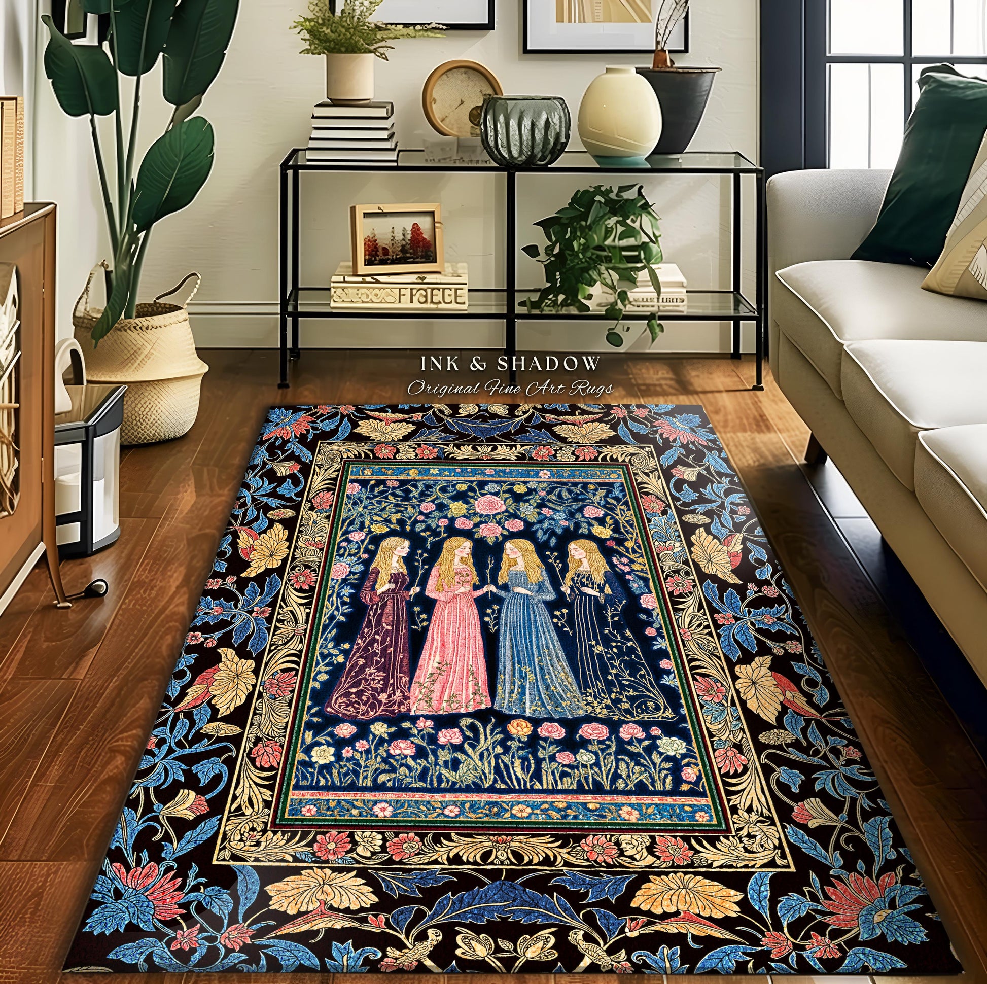 Bohemian Botanical Witch Area Rug | Enchanted Folklore Fairytale Witchcore Floral Medieval Dark Academia Ethereal Goddess Style Bedroom |