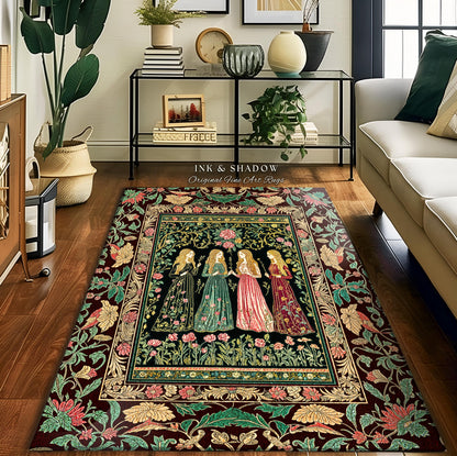 Renaissance Witch Coven Area Rug | Whimsical Folklore Enchanted Floral Bedroom Accent Spellbound Gothic Art Mystic Academia Fairytale Decor