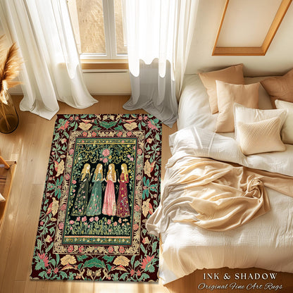 Renaissance Witch Coven Area Rug | Whimsical Folklore Enchanted Floral Bedroom Accent Spellbound Gothic Art Mystic Academia Fairytale Decor